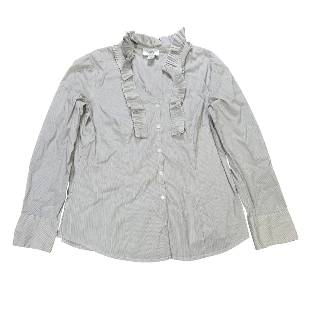 Ann Taylor LOFT Striped Ruffle Trim Button Down Blouse Women's Petite 12P Gray